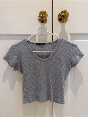 Brandy Melville Gray Ribbed V-Neck Crop Tee